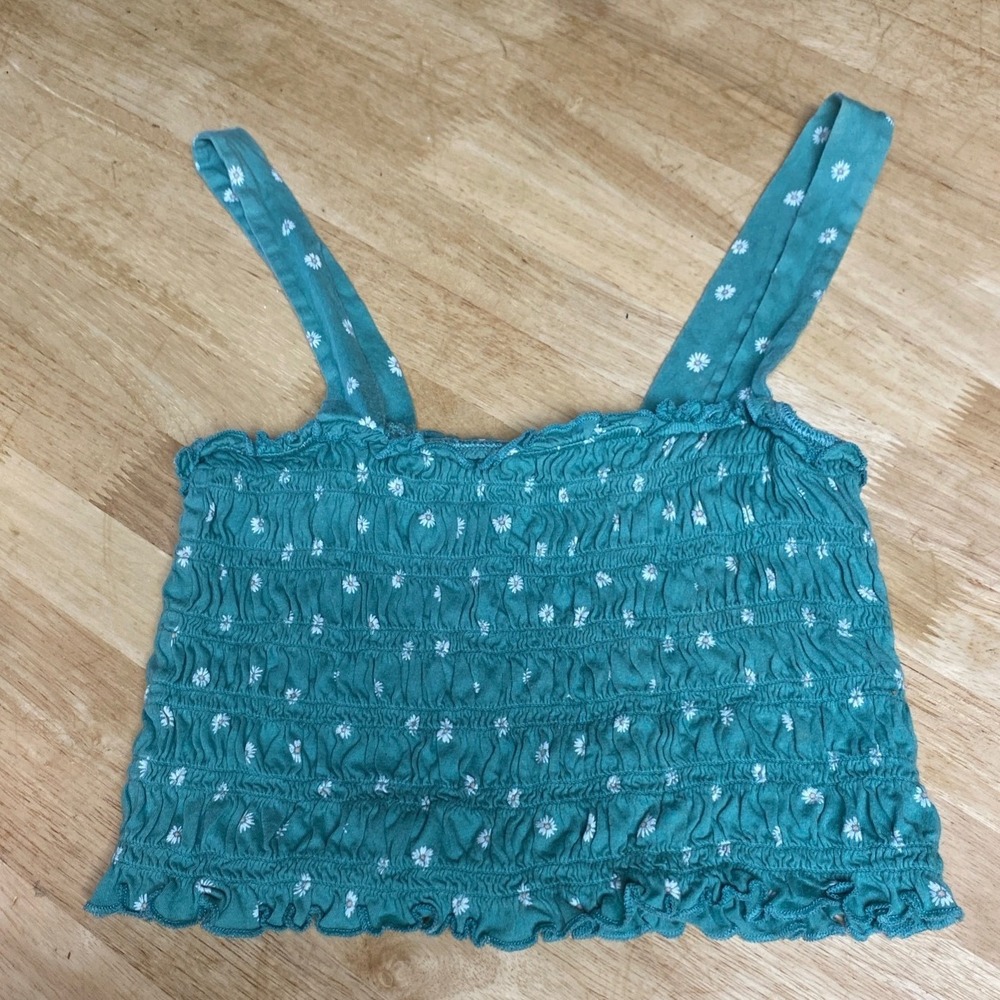 American Eagle Teal Floral Smocked Crop Top Size Small Petite Daisy Print Boho